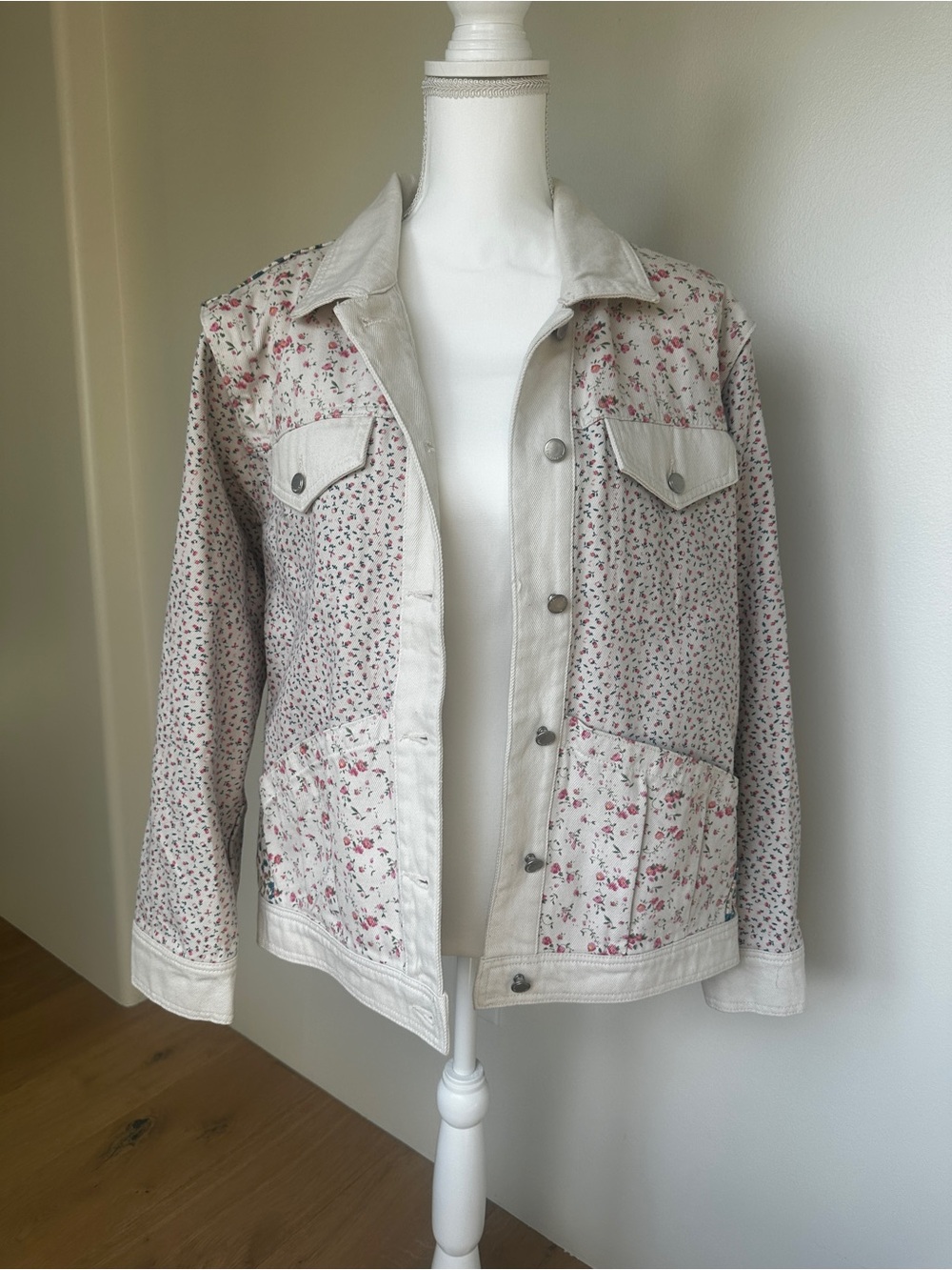 Blank NYC Cream Jean Jacket with Pink Floral Print